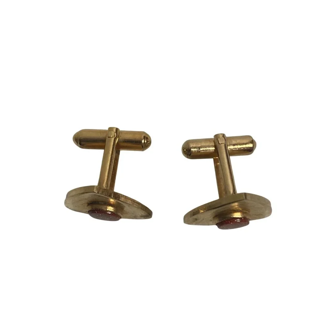 Vintage MCM Gold Tone Triangle Cufflinks Goldstone Sparkly Orange Stone